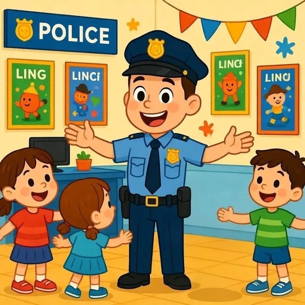 Cartoon police officer smiling with four children in a decorated classroom