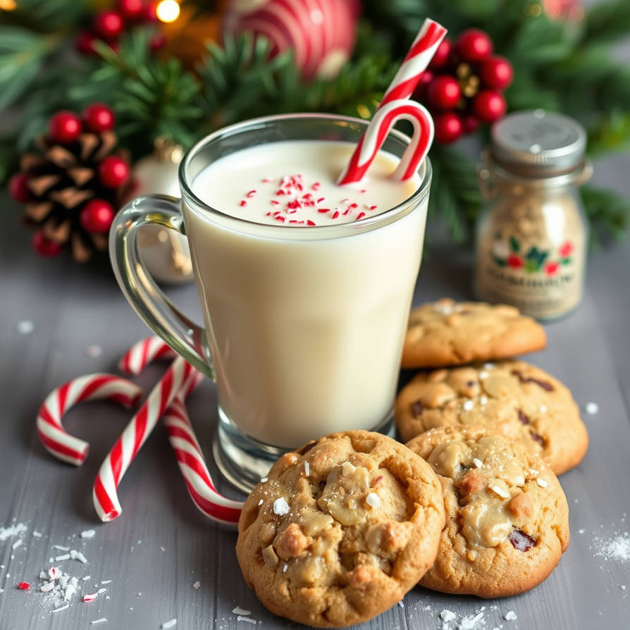 Glass mug of milk with a candy cane next to Christmas cookies and holiday decorations