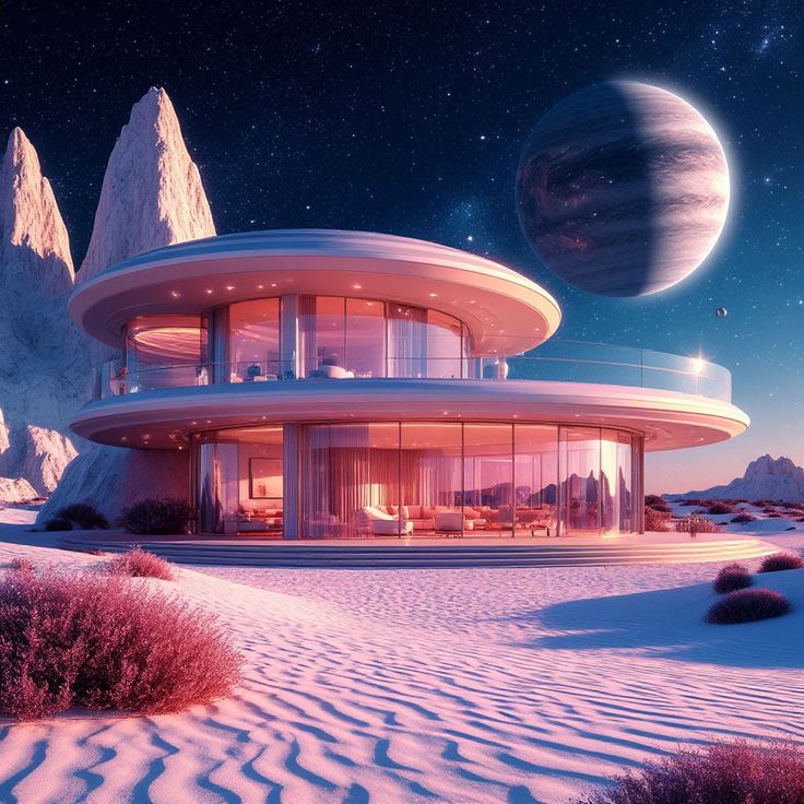 Futuristic pink circular house on a snowy alien planet under stars and a large planet