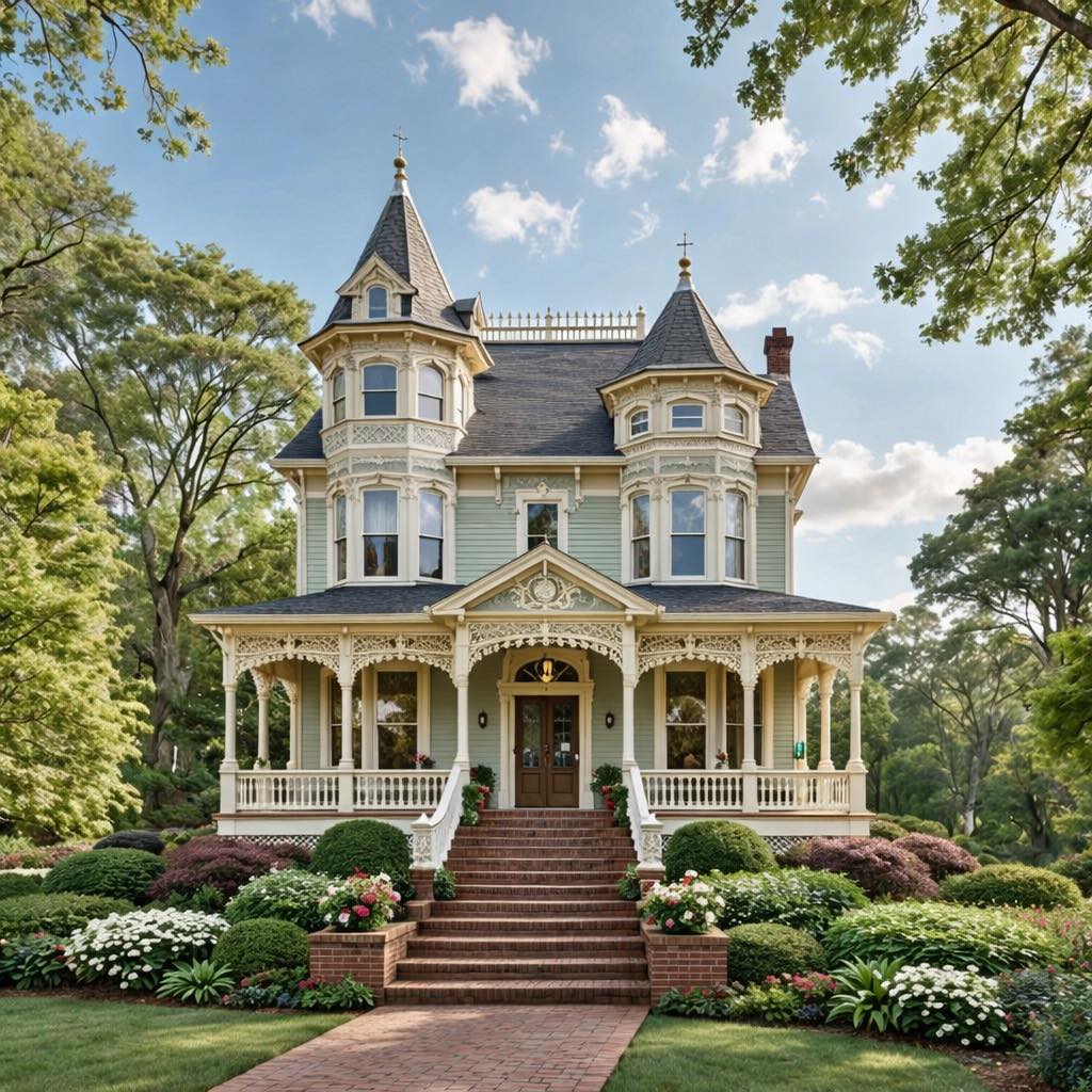 Large Victorian mansion with turrets, wrap porch, brick stairs, and landscaped garden under blue sky