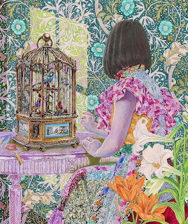 Illustration of a girl seated by an ornate birdcage with floral wallpaper and lilies