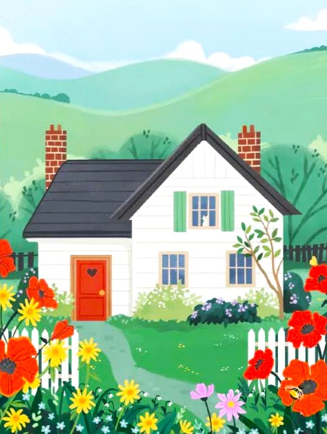 Illustration of a white cottage with a red door, flower garden, and green hills