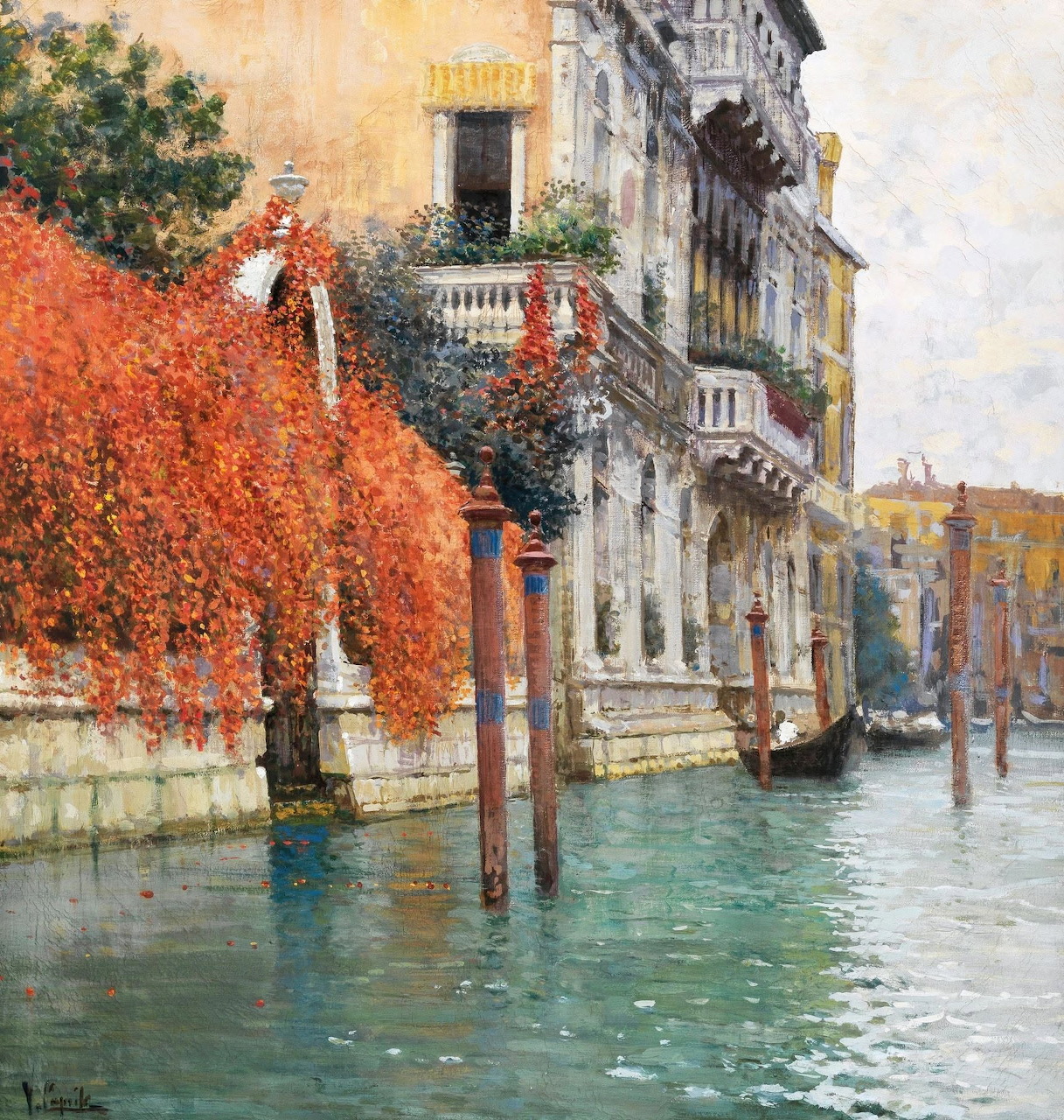 Painting of a Venice canal with a waterside building, red vines, and wooden posts