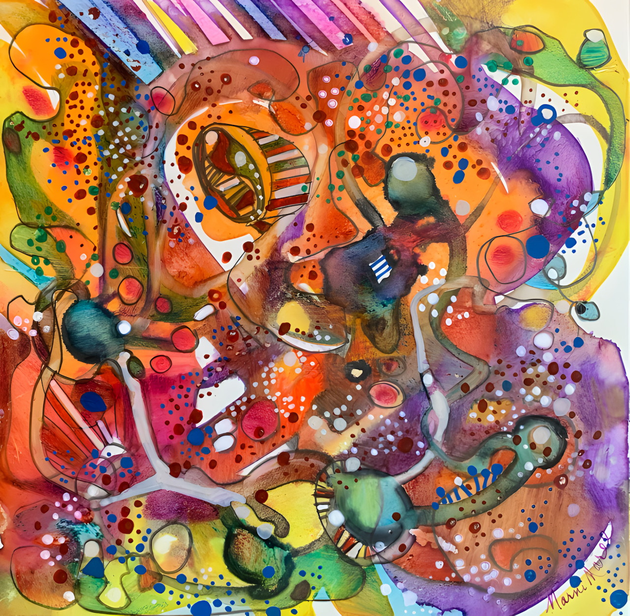 Colorful abstract painting with swirling shapes, dots, and fluid organic patterns in warm and cool tones