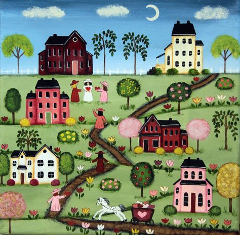 Folk art painting of a quaint village with colorful houses, blooming trees, flowers, and figures walking along winding paths.