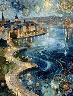 Painting of a riverside city at night with a winding blue river and swirling starry sky
