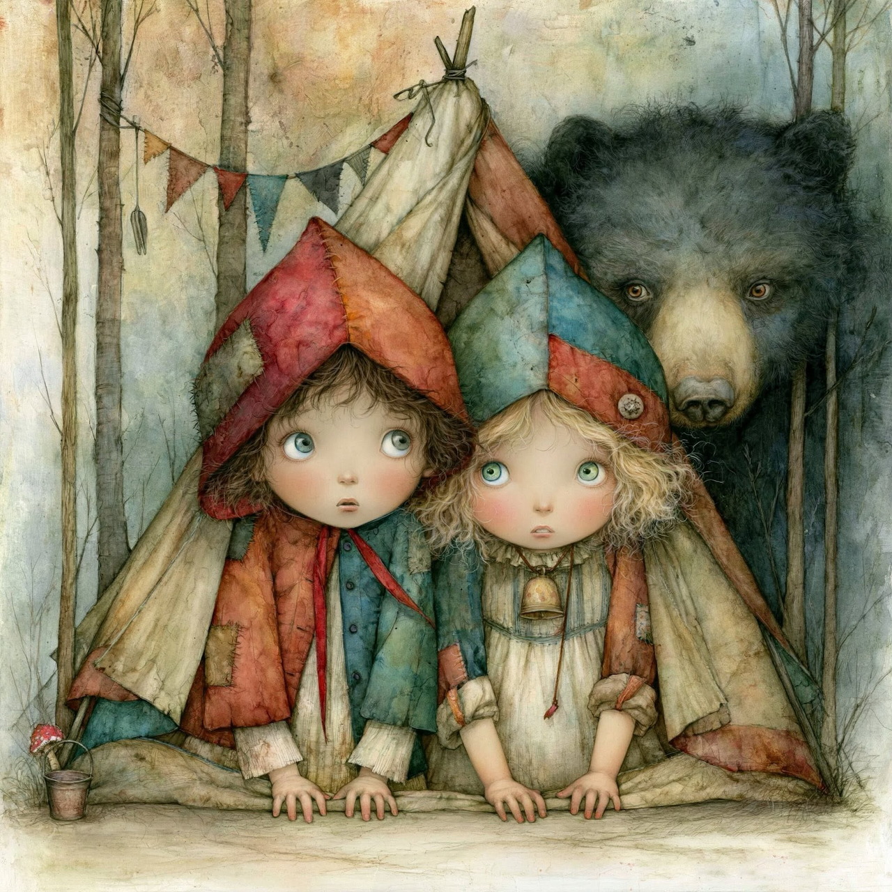 Illustration of two children inside a tent with a bear behind them in the woods