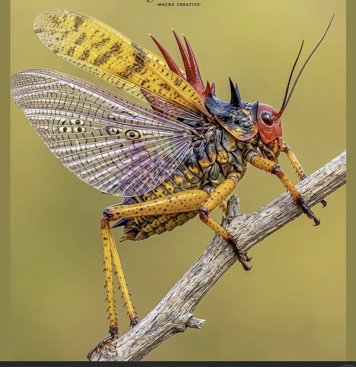 Close-up of a colorful grasshopper perched on a dry twig against a blurred green background
