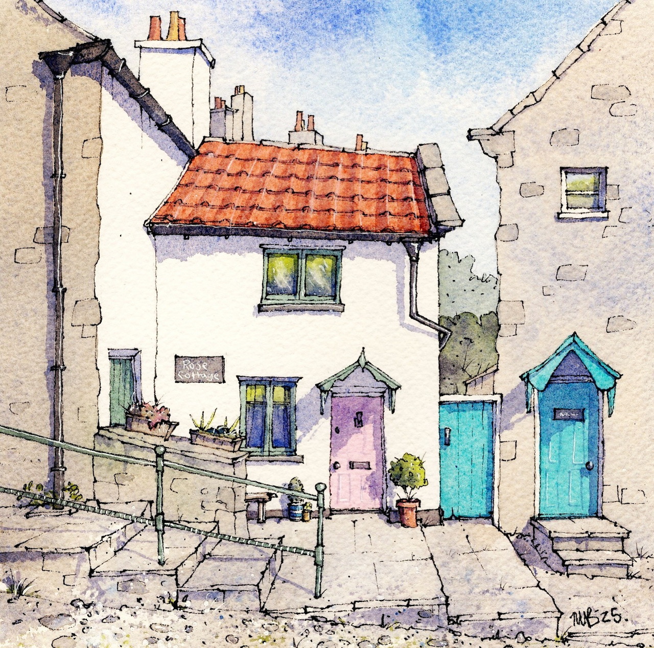Watercolor of white cottage with orange roof and colorful beach huts in coastal village