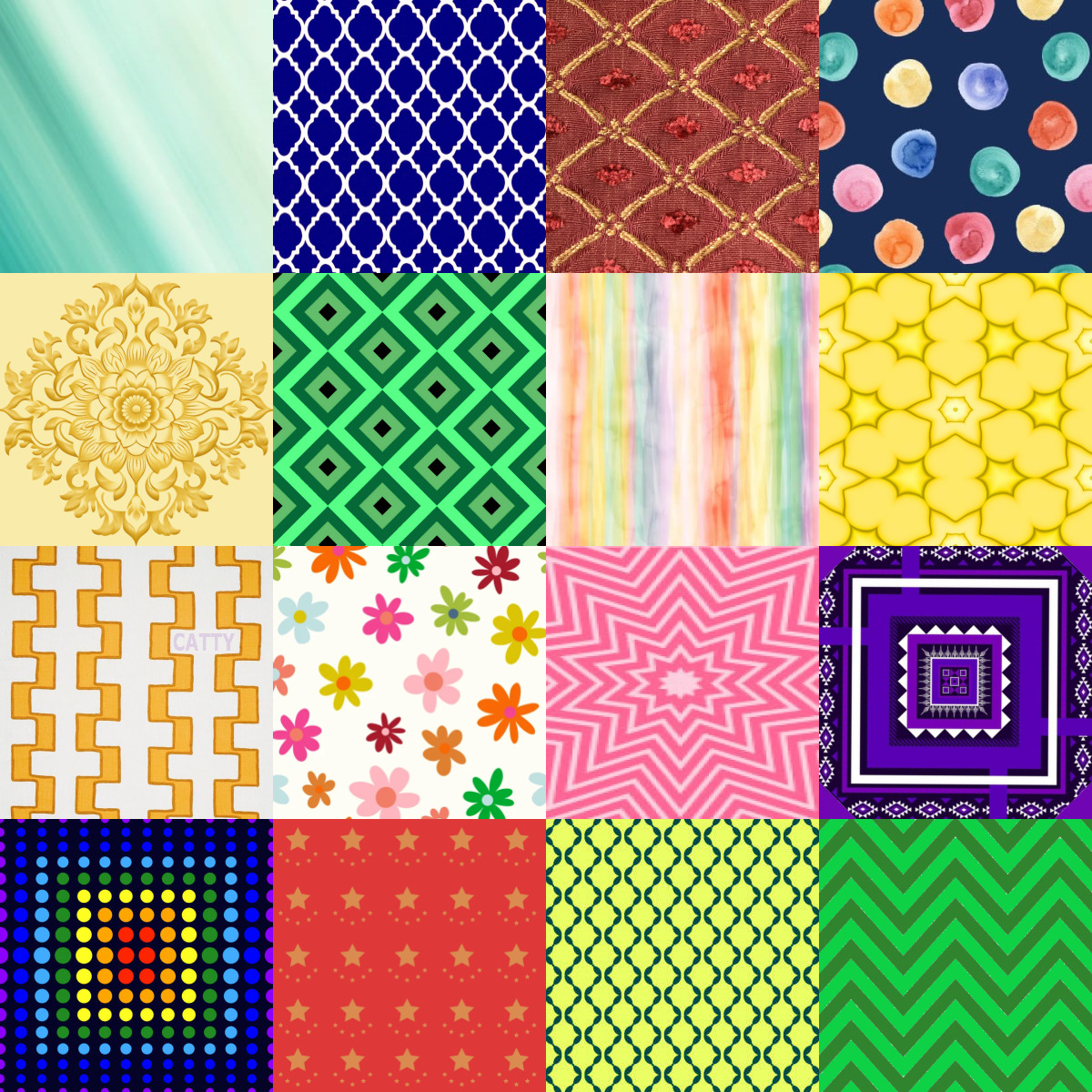 Grid of 16 colorful pattern squares with geometric shapes, dots, stripes, florals and abstract designs