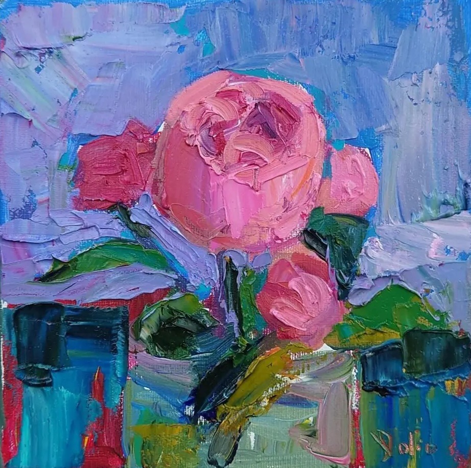 Impasto painting of pink pink roses in a vase on a blue background