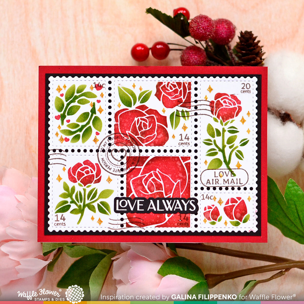 Framed collage of red rose postage stamp illustrations on a pink background