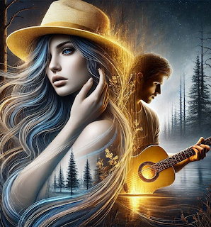 Fantasy woman with blue hair and golden hat beside guitarist in glowing forest
