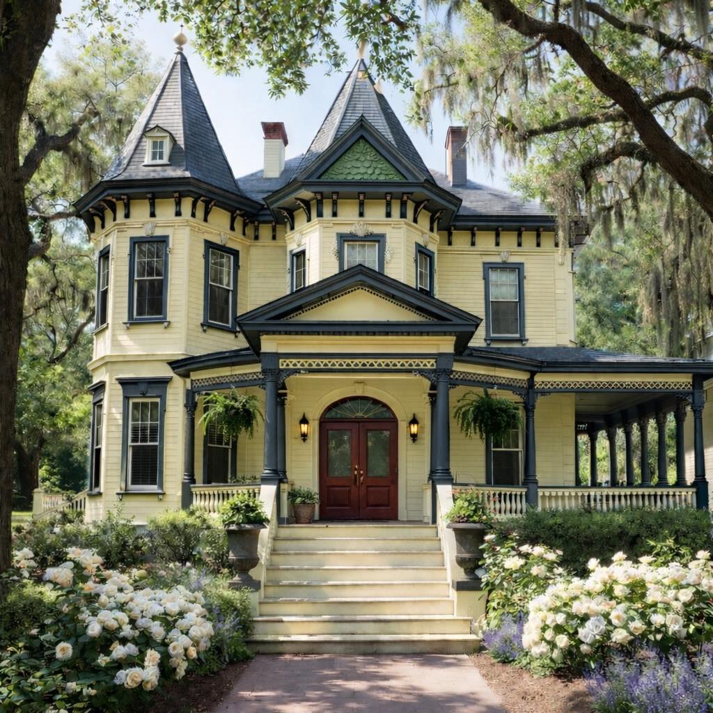Yellow Victorian house with turrets, front steps, porch, and white flowers in a garden