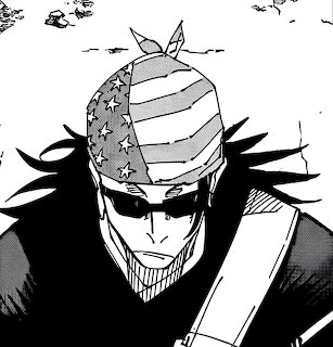 Manga illustration of Kenjaku character with wrapped head and stitches in black and white