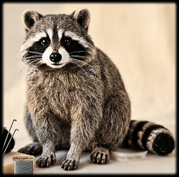 Realistic needle-felted raccoon sculpture with striped tail sitting on a surface with crafting supplies nearby