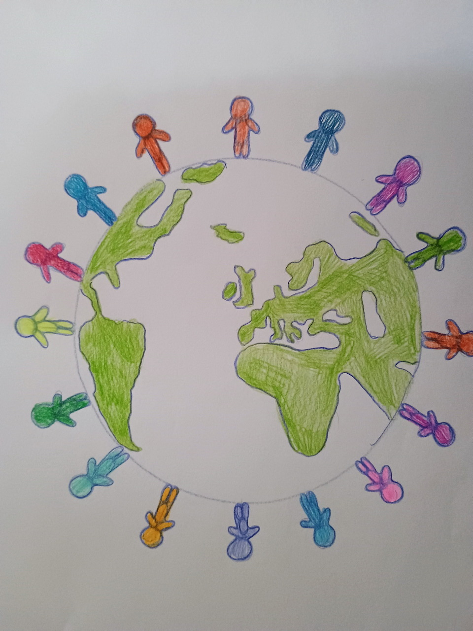 Hand-drawn colored pencil illustration of diverse stick figures holding hands around a world globe