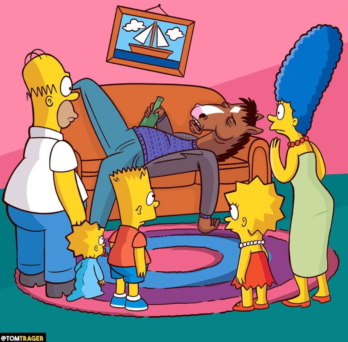 The Simpsons family standing in their living room with a visitor sitting on the couch