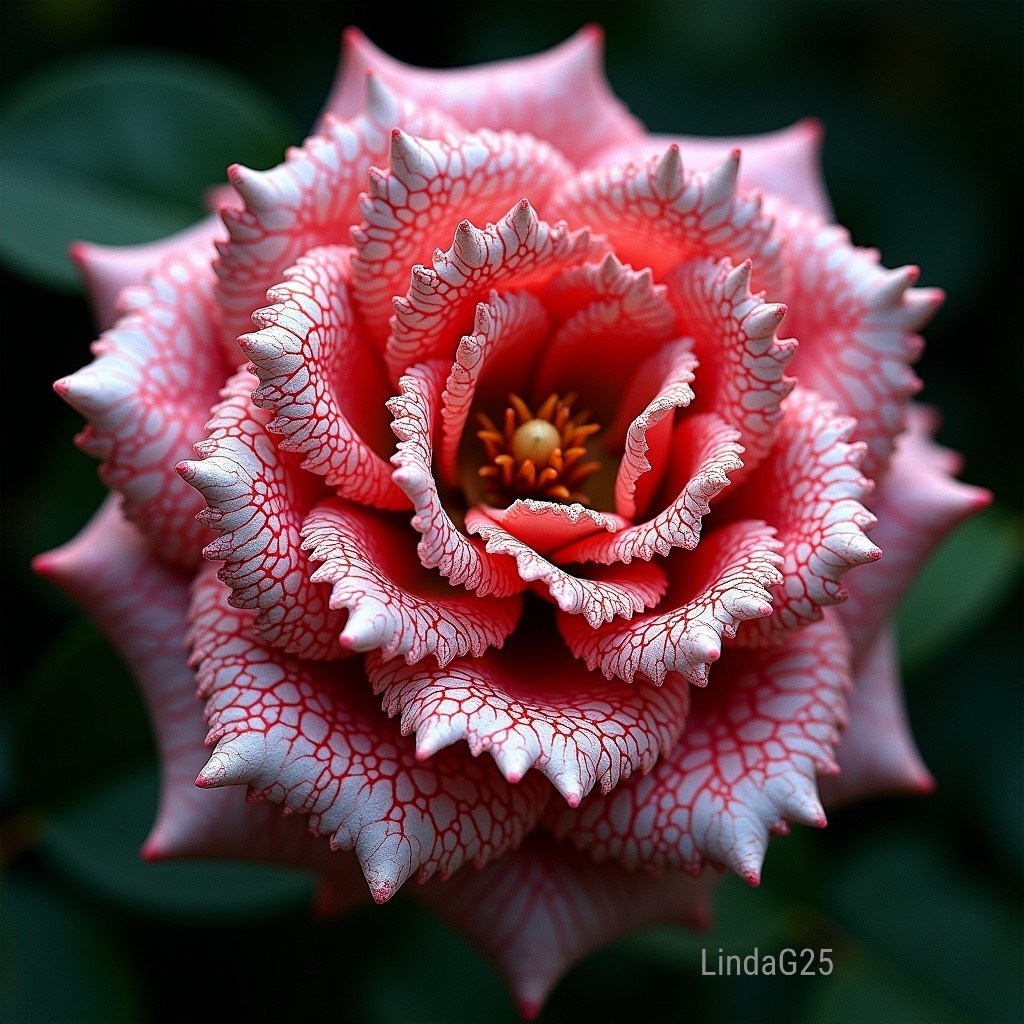 Close-up of a pink and white rose with ruffled, red-veined petals against dark green leaves.