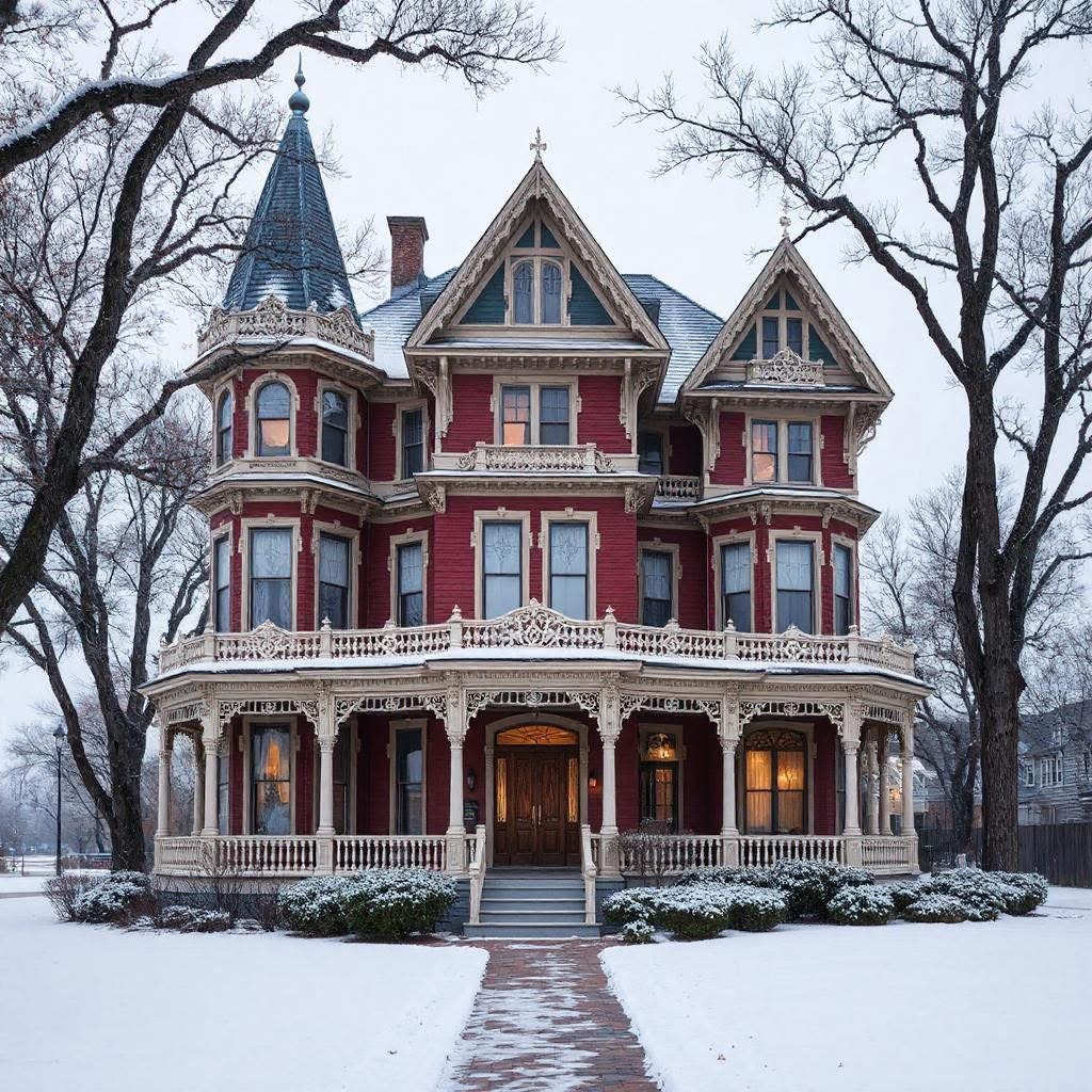 Red Victorian house with ornate porch and snowy yard framed by leafless trees