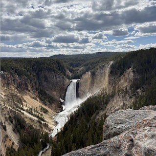 Waterfall in a rocky forested canyon beneath a cloudy sky