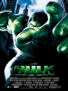 Hulk movie poster showing green muscular superhero against city background with glowing effects