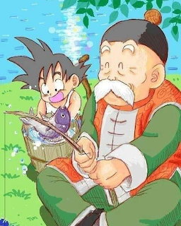 Anime illustration of young Goku with baby and elderly man outdoors