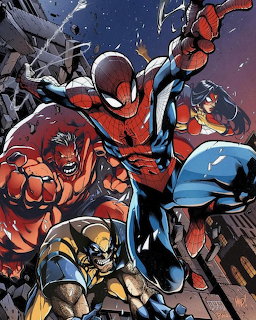 Comic illustration of Spider-Man jumping ahead with Wolverine and other Marvel heroes