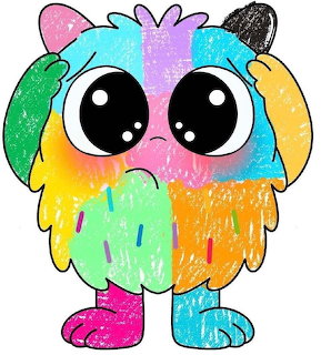 Cartoon rainbow-colored fuzzy monster with big sparkling eyes and colorful textured fur