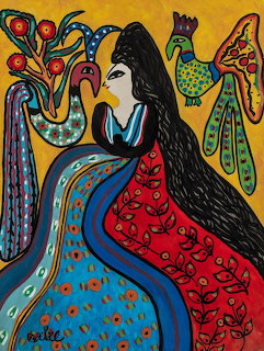 Naive art painting of woman with black hair among colorful decorative birds and peacocks on yellow background