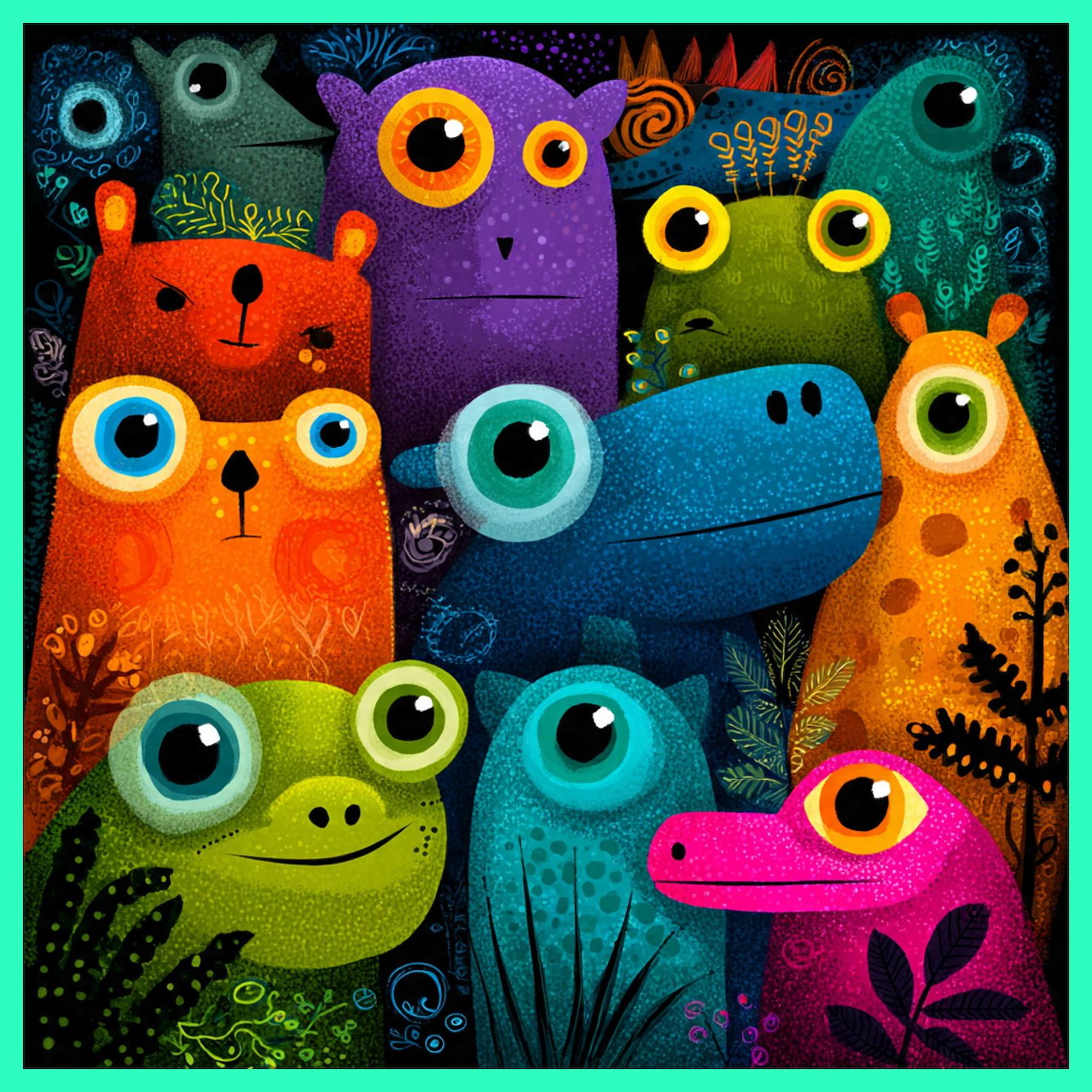 Colorful whimsical cartoon creatures with large eyes clustered together