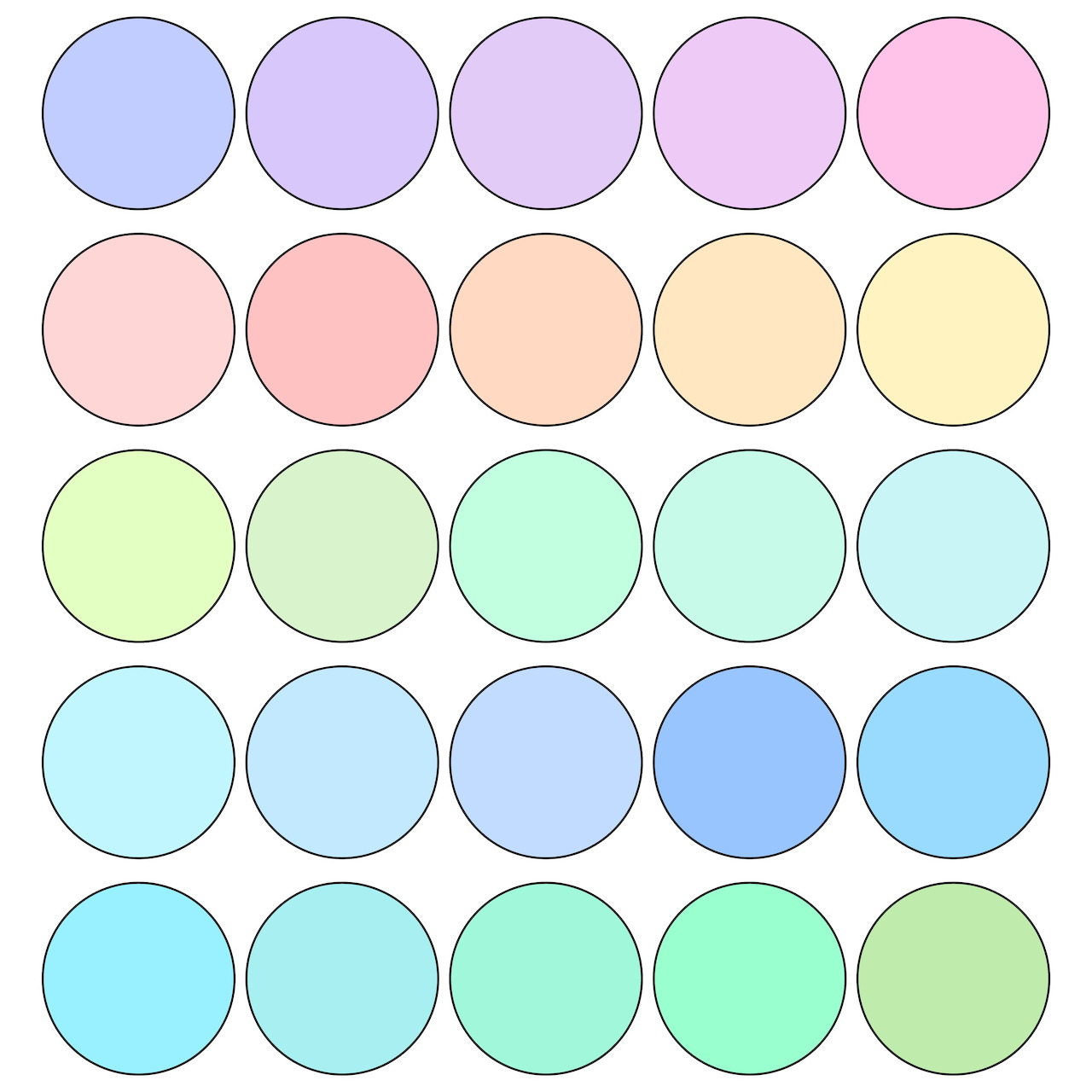 Grid of 25 pastel colored circles in soft rainbow shades