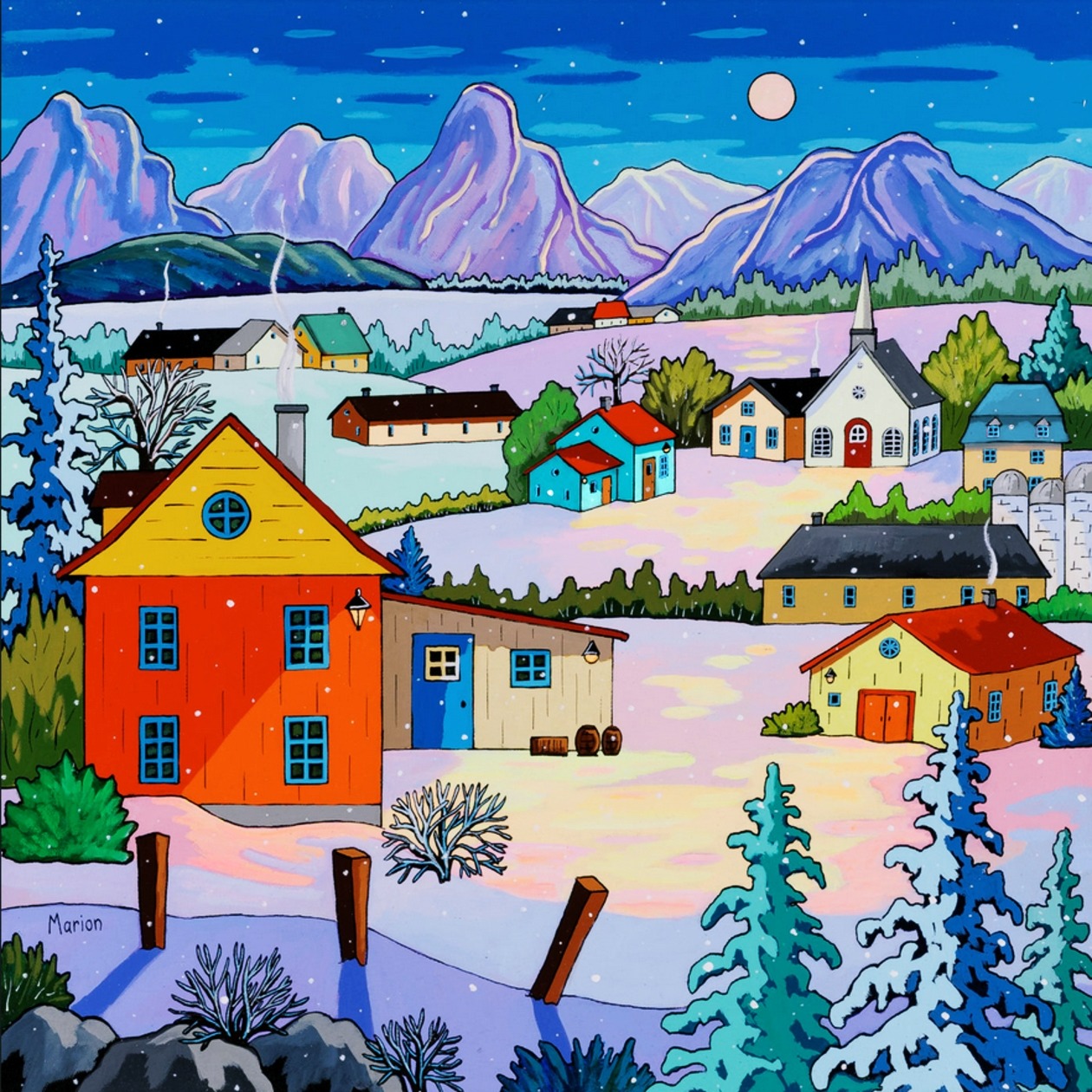 Folk art painting of colorful houses in snowy village with purple mountains and night sky