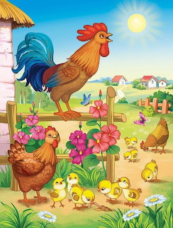 Illustration of rooster with hens and chicks in colorful farm yard with flowers