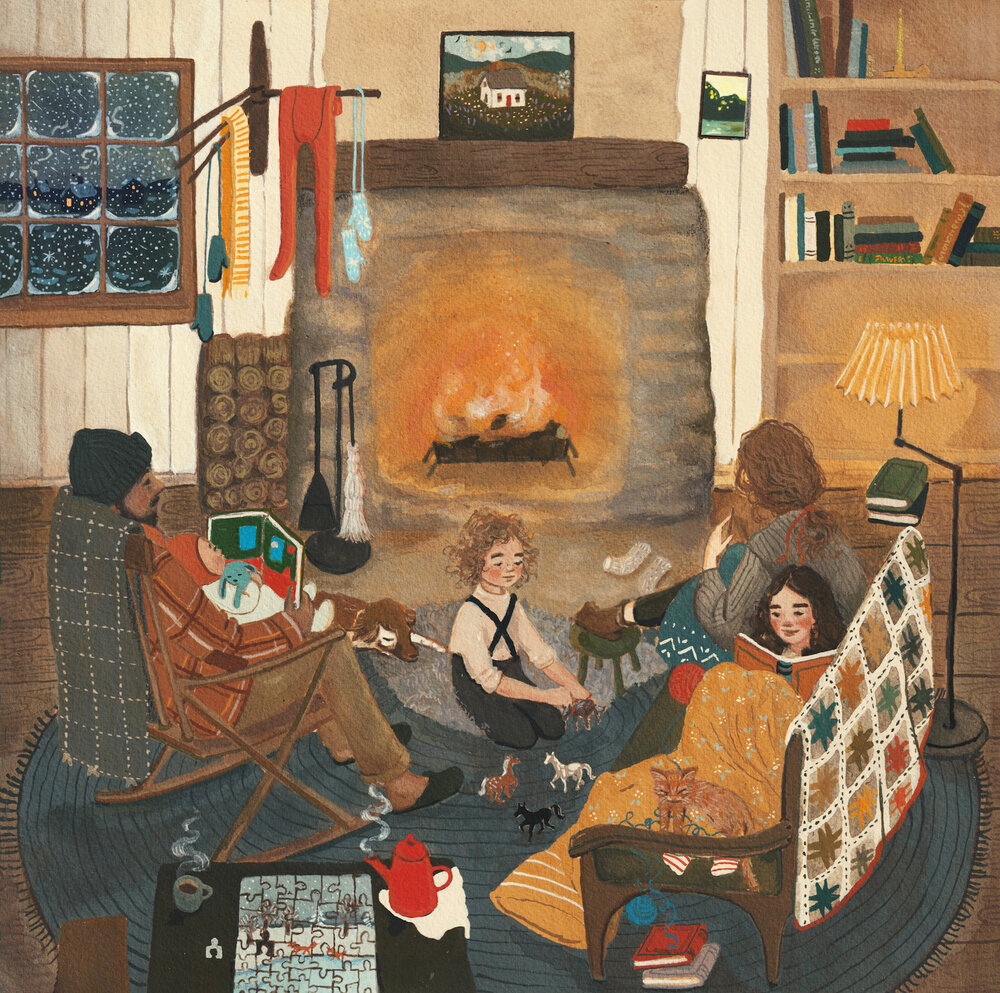 People relaxing by a warm fireplace in a cozy cottage interior with books and art