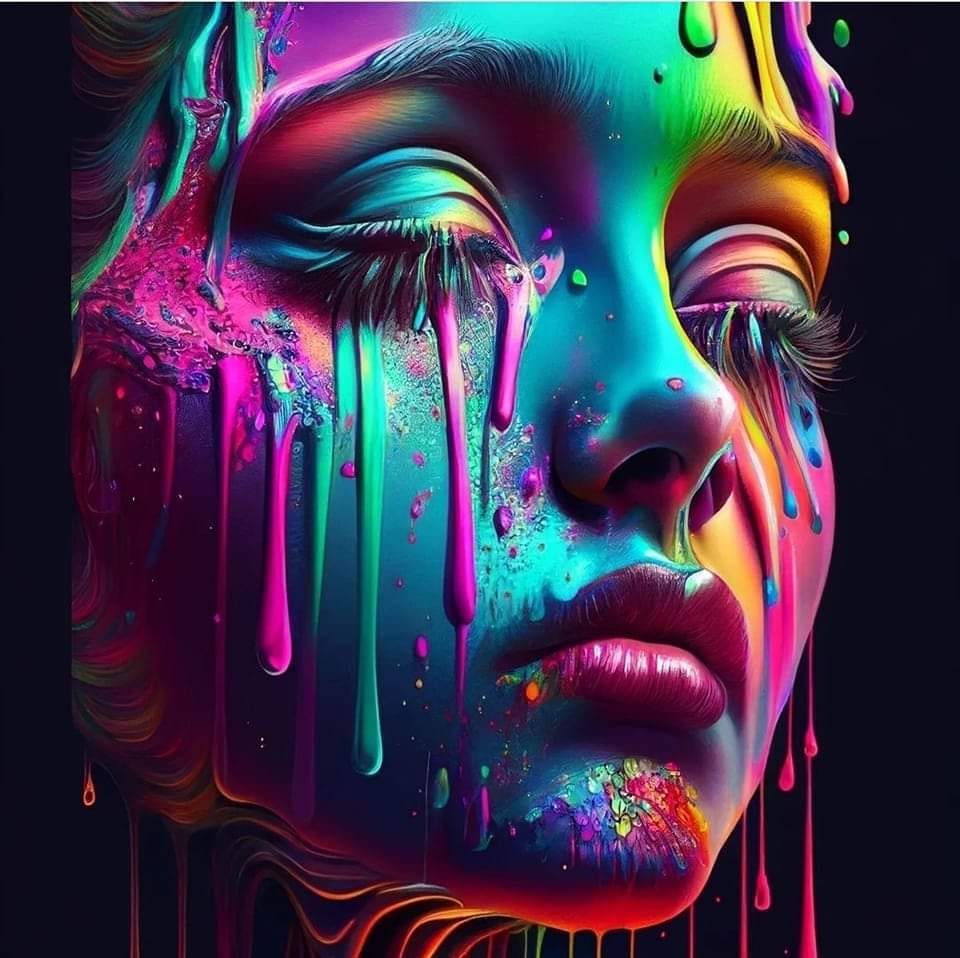 Close-up illustration of a woman's face with dripping neon paint in vivid pink, blue, and yellow tones