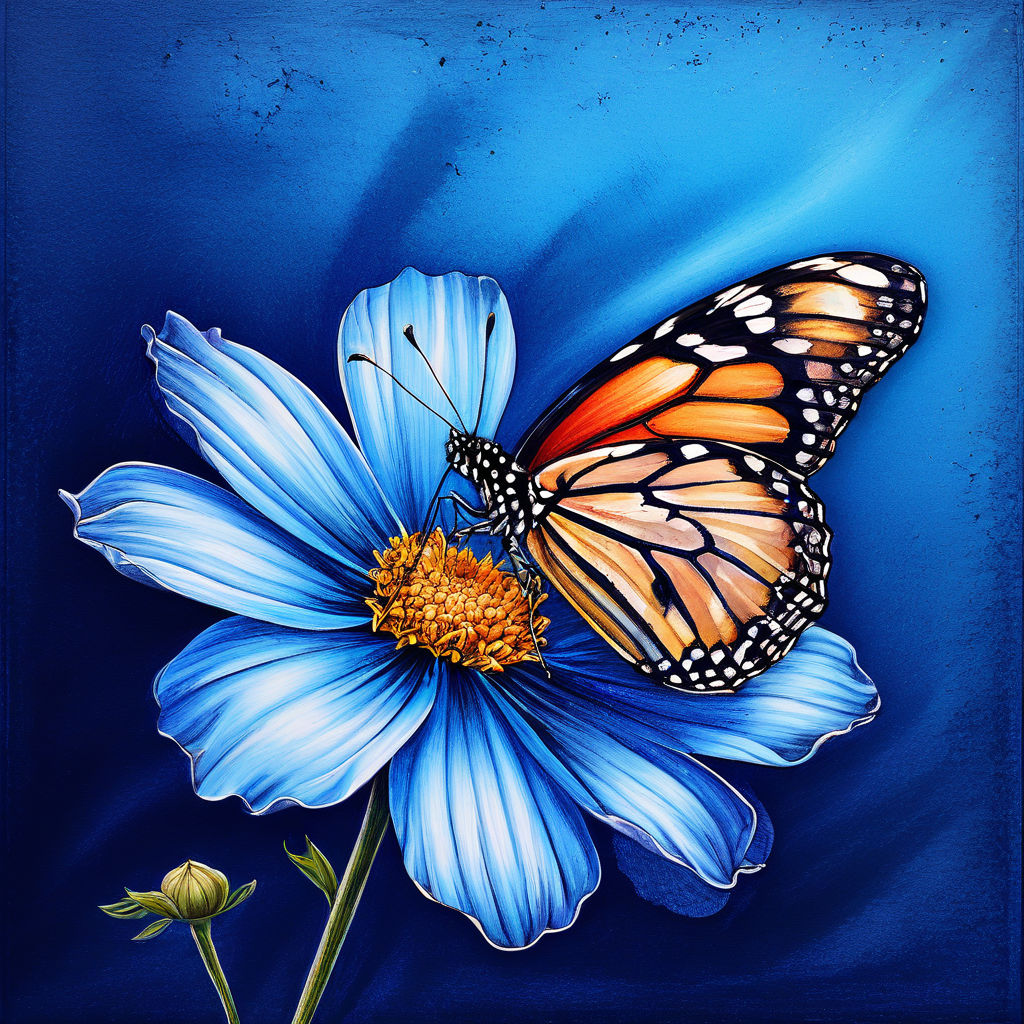 Monarch butterfly perched on light blue flower with deep blue background