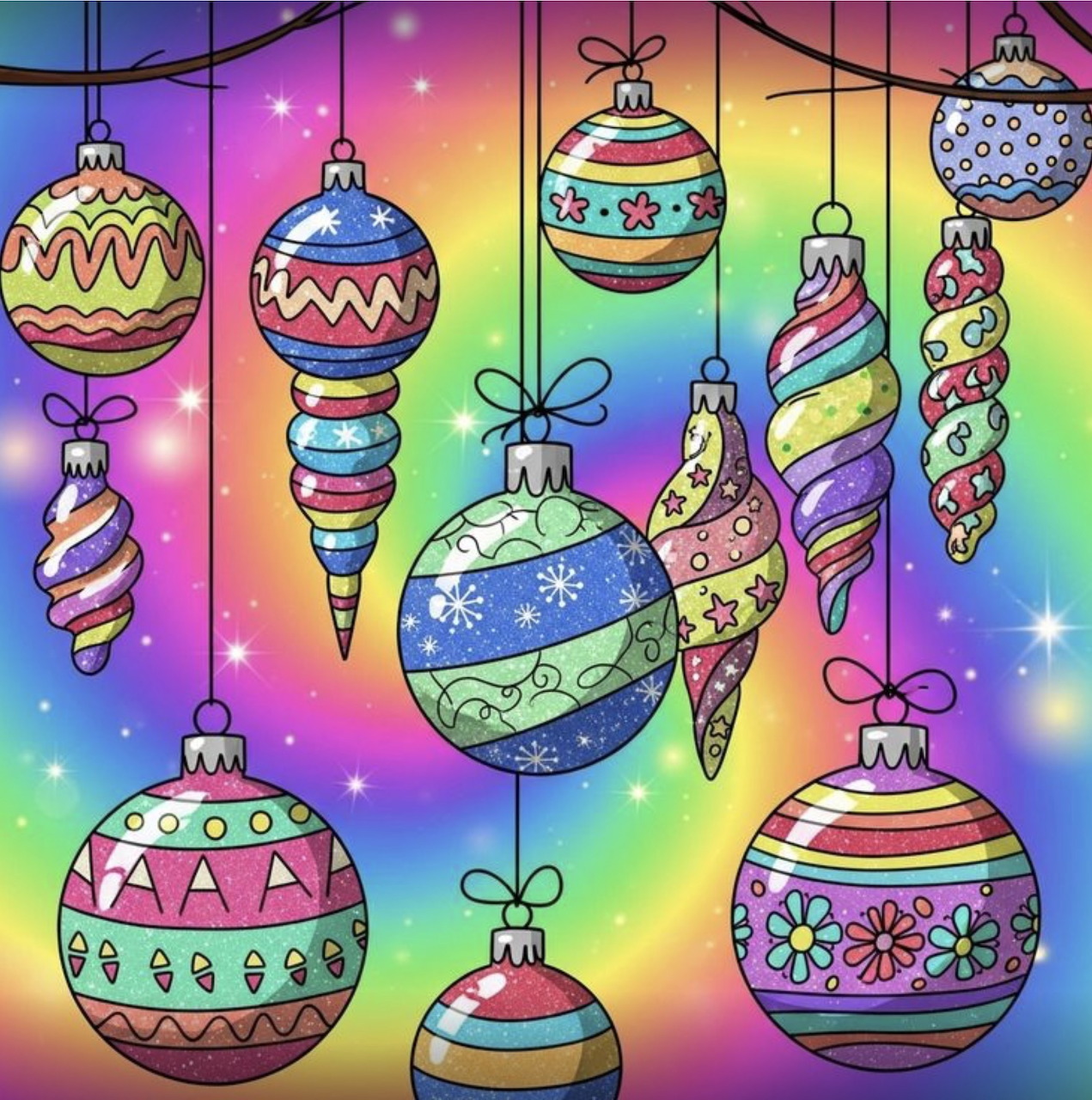 Colorful decorated Christmas baubles and ornaments hanging on ribbons against rainbow gradient with sparkles