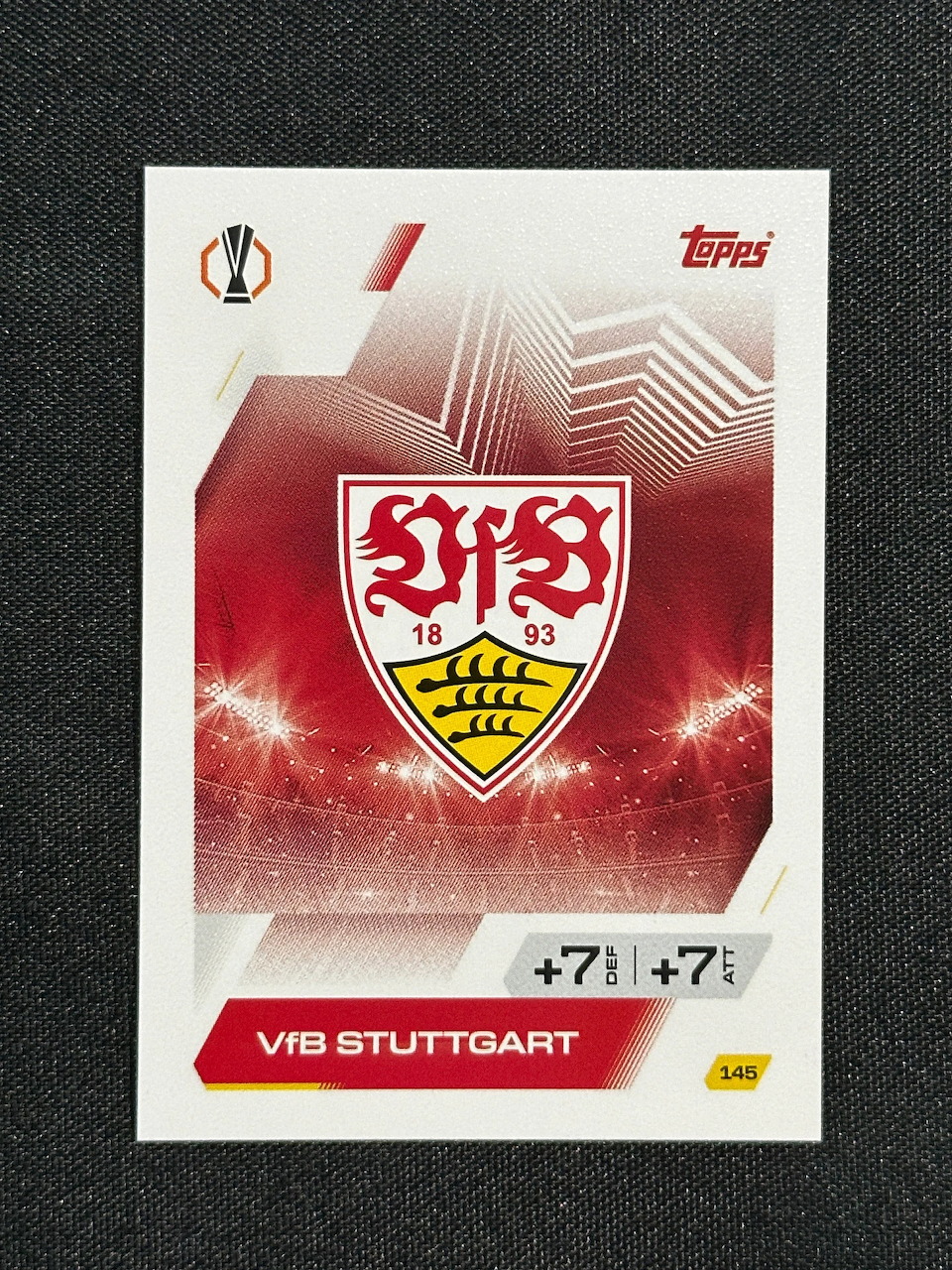 Topps trading card showing VfB Stuttgart crest on red background with team name label