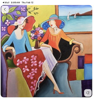 Colorful stylized painting of two seated women with flowers and a seaside view