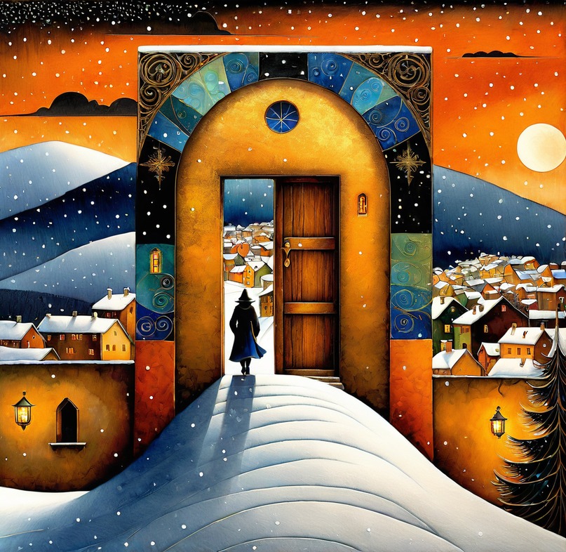 Golden archway with wooden door and silhouette figure in surreal snowy winter village scene with starry sky