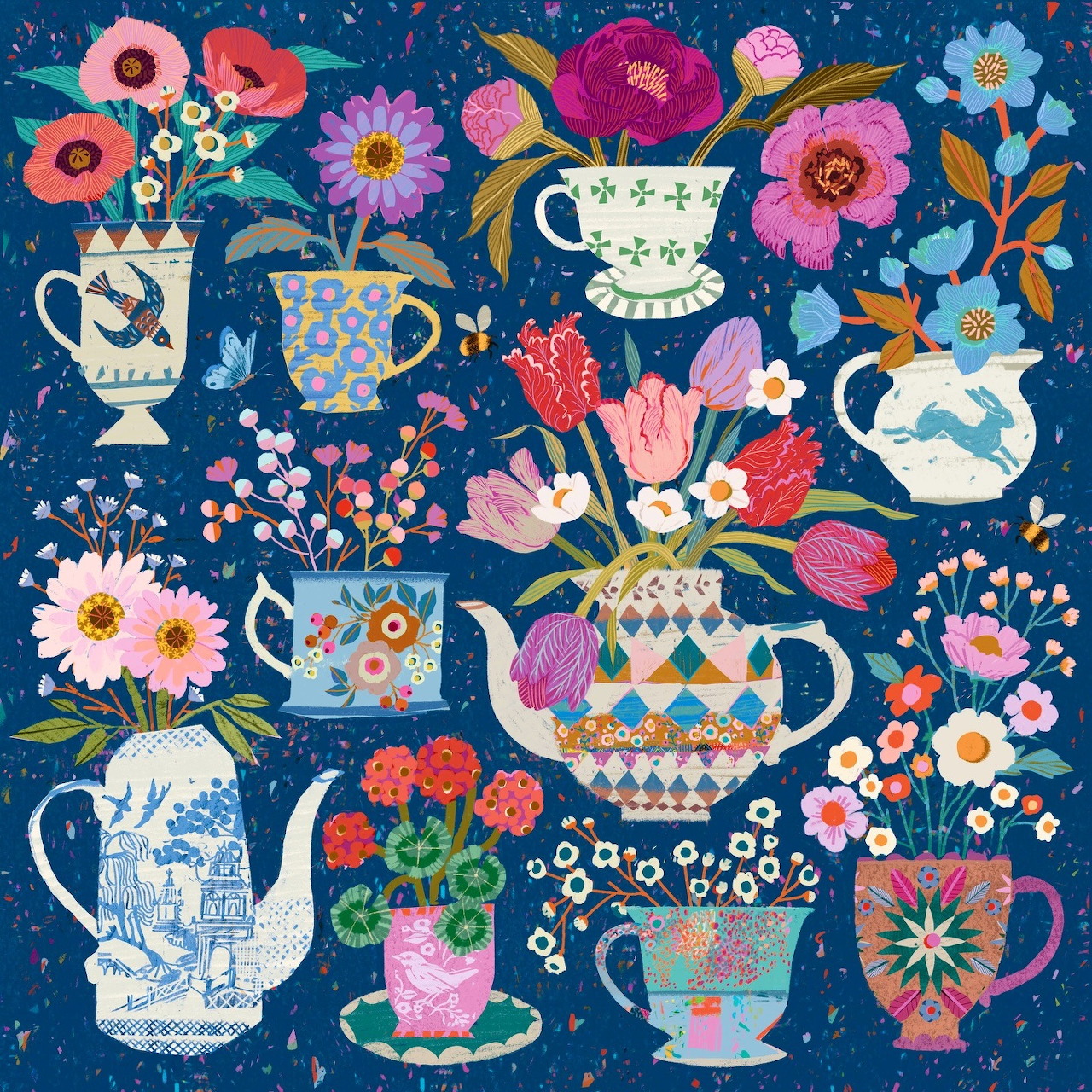 Colorful illustration of flowers in teapots, cups, and vases on a dark blue background