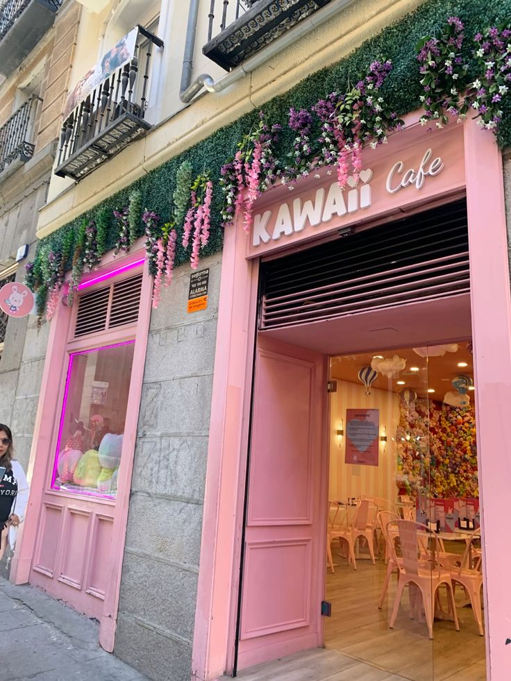 Illustration of a cute kawaii-style cafe exterior with pastel colors