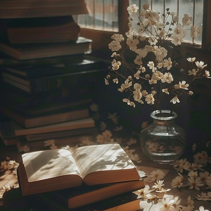 Books and Flowers by Window