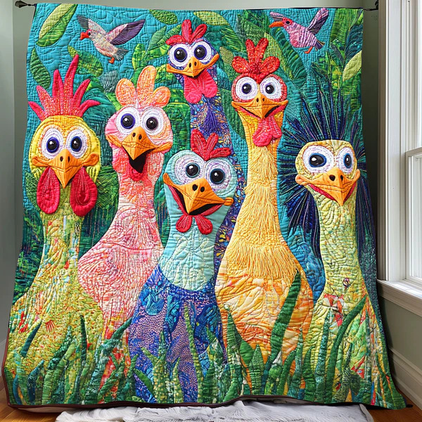 Colorful fabric quilt with five cartoon-style chickens with googly eyes in red, yellow, and blue tones on green background