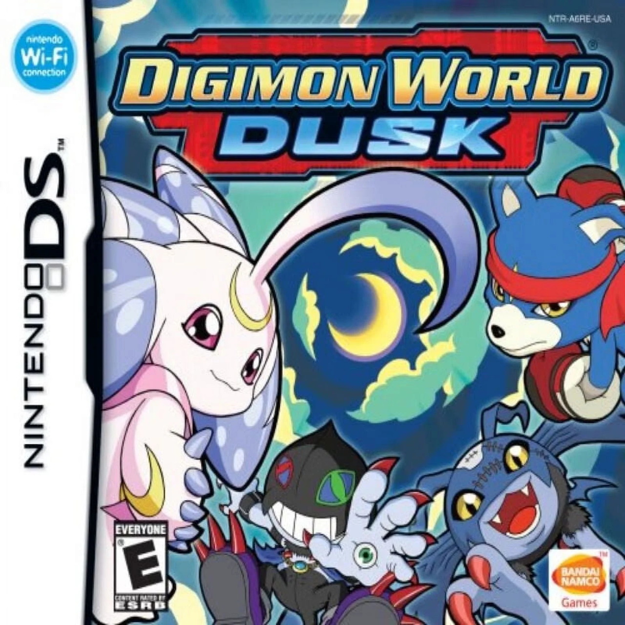 Nintendo DS cover for Digimon World Dusk with colorful Digimon characters and a crescent moon emblem