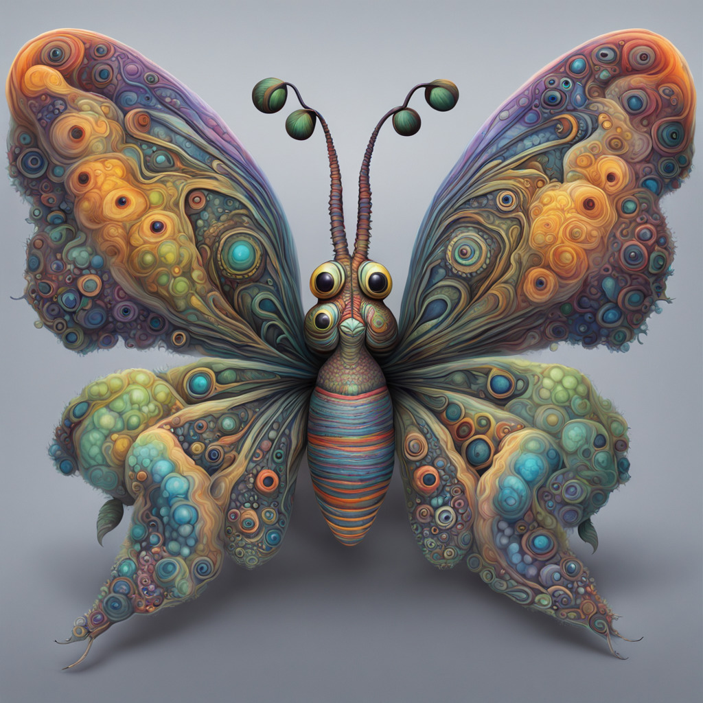 Ornate 3D butterfly with elaborate patterned wings in vibrant colors
