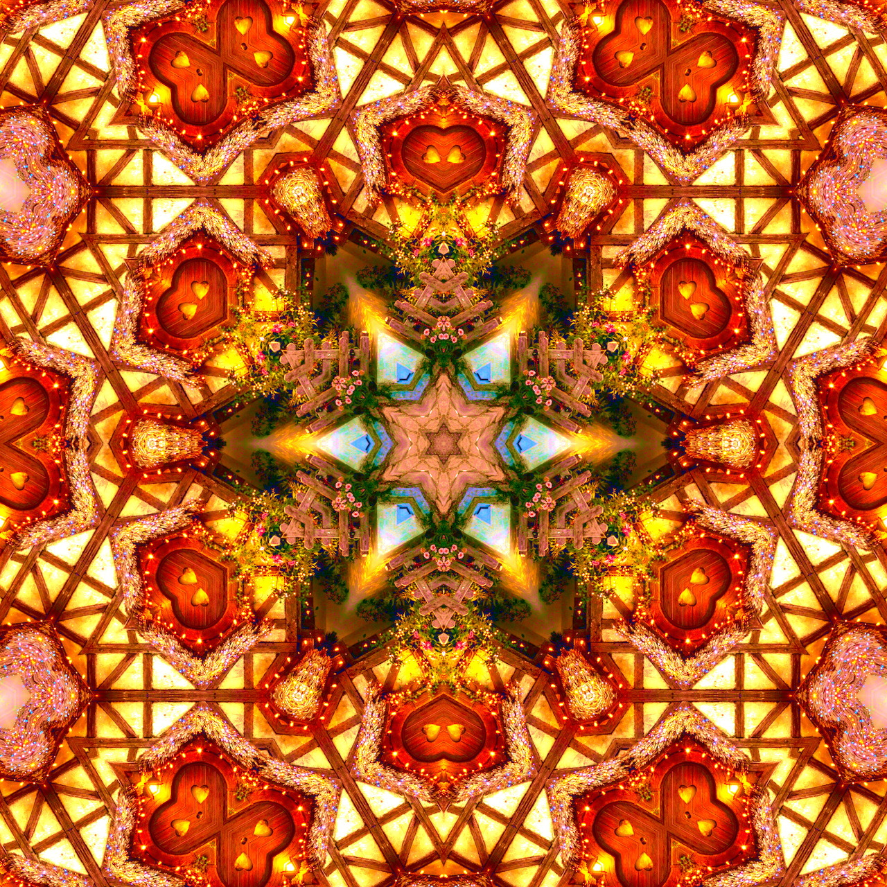 Symmetrical abstract kaleidoscope pattern with orange and gold star shapes