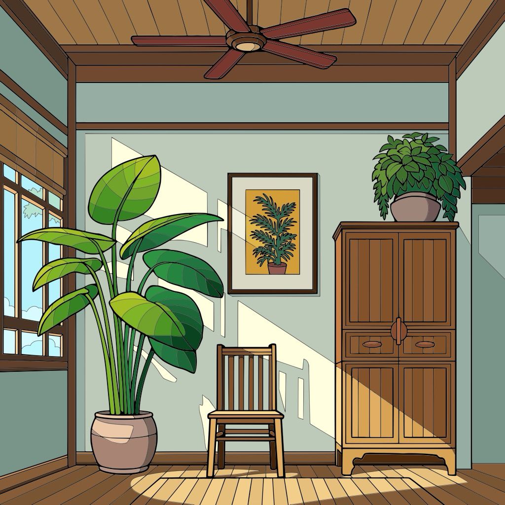 Illustrated living room with a chair, cabinet, framed plant print, and potted plants