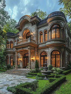 Elegant French provincial stone mansion with rounded bay windows and ornate architecture surrounded by landscaped gardens